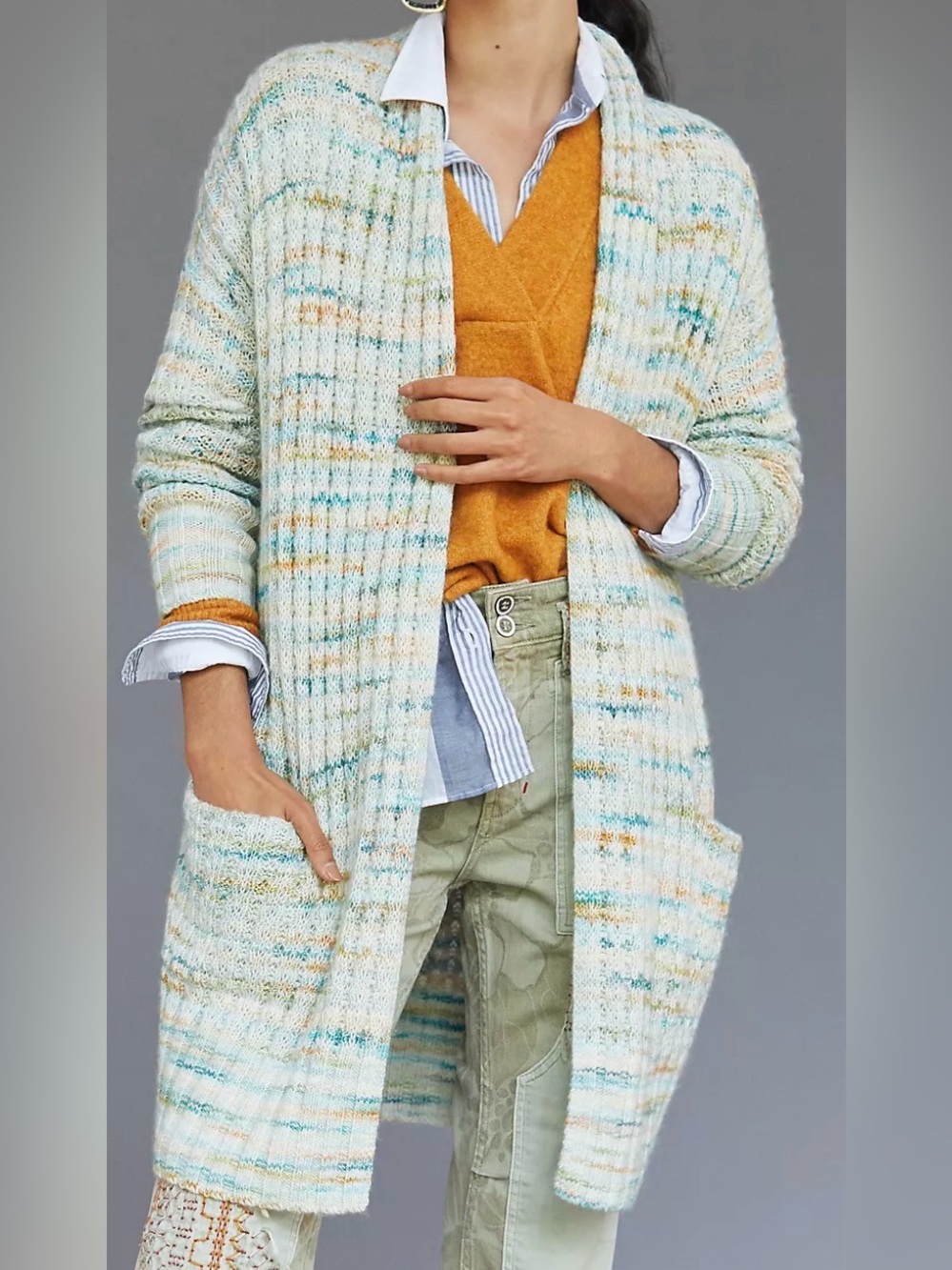 Anthropologie Space-Dyed Longline Multicolor Open-Front Cardigan - Size L